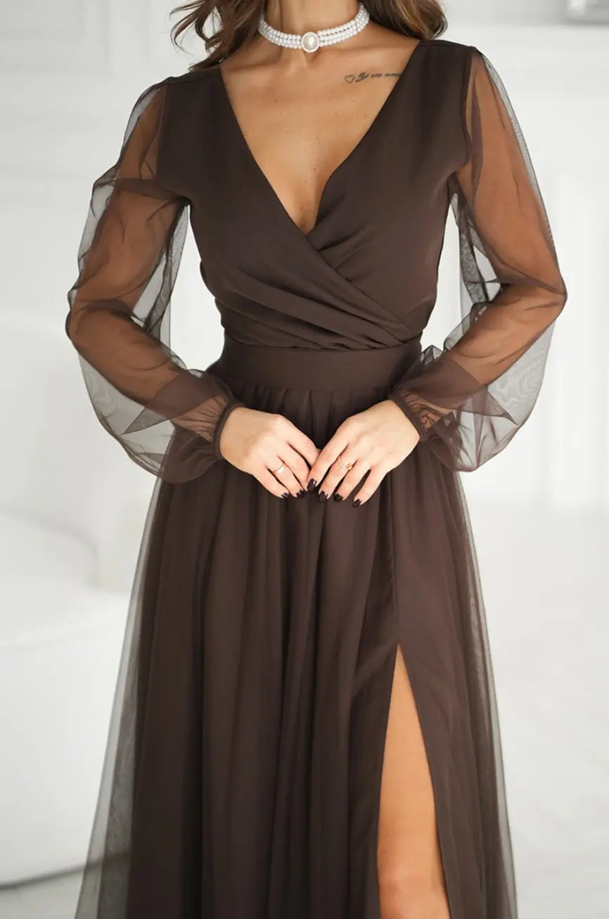 Robe longue manches transparentes noire Bicotone