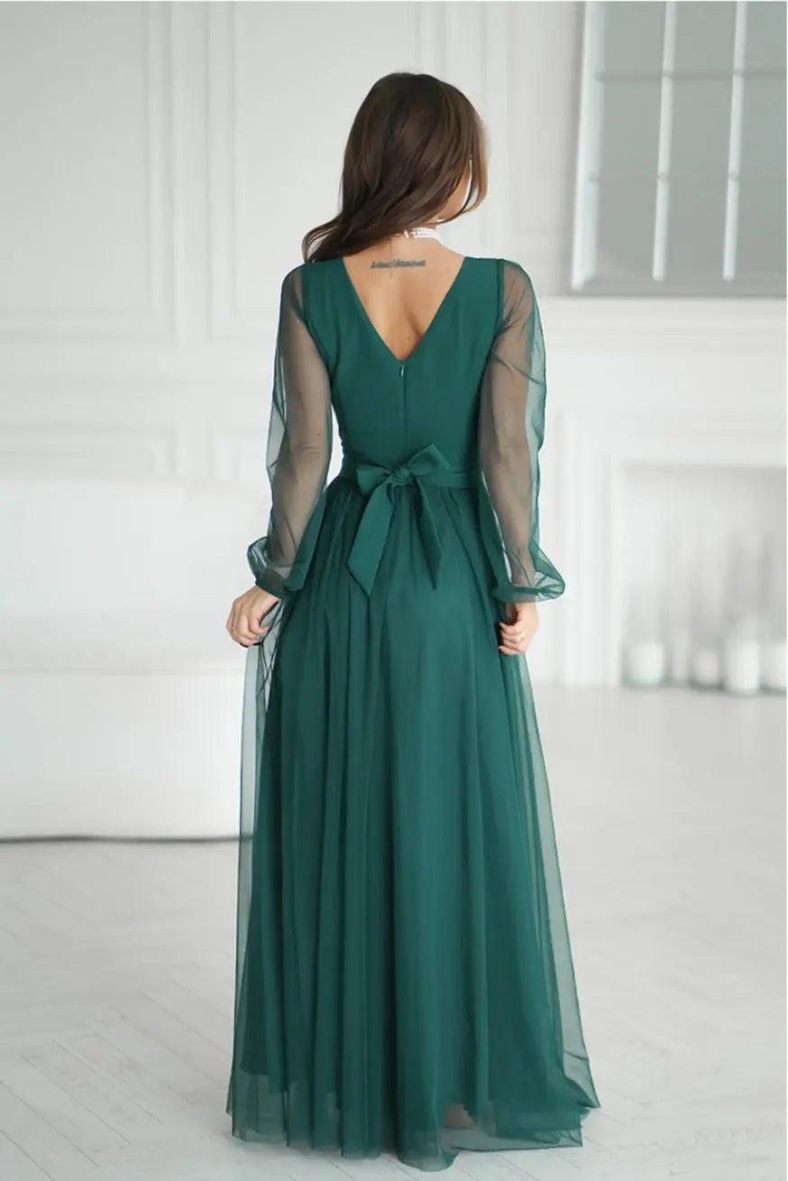 Robe longue manches transparentes verte Bicotone