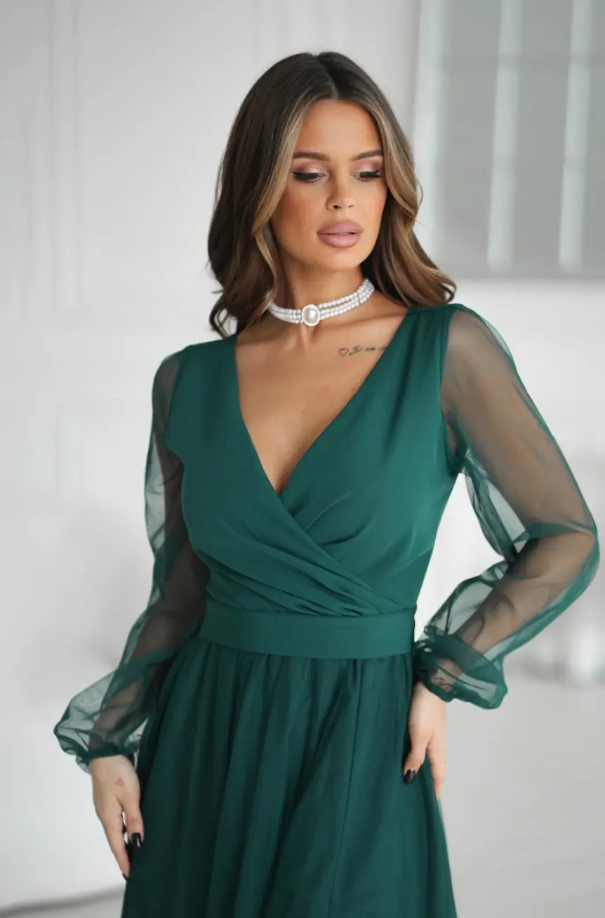 Robe longue manches transparentes verte Bicotone