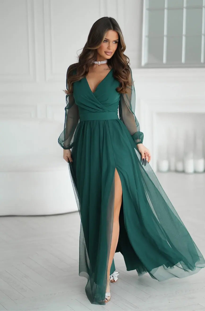 Robe longue manches transparentes verte Bicotone