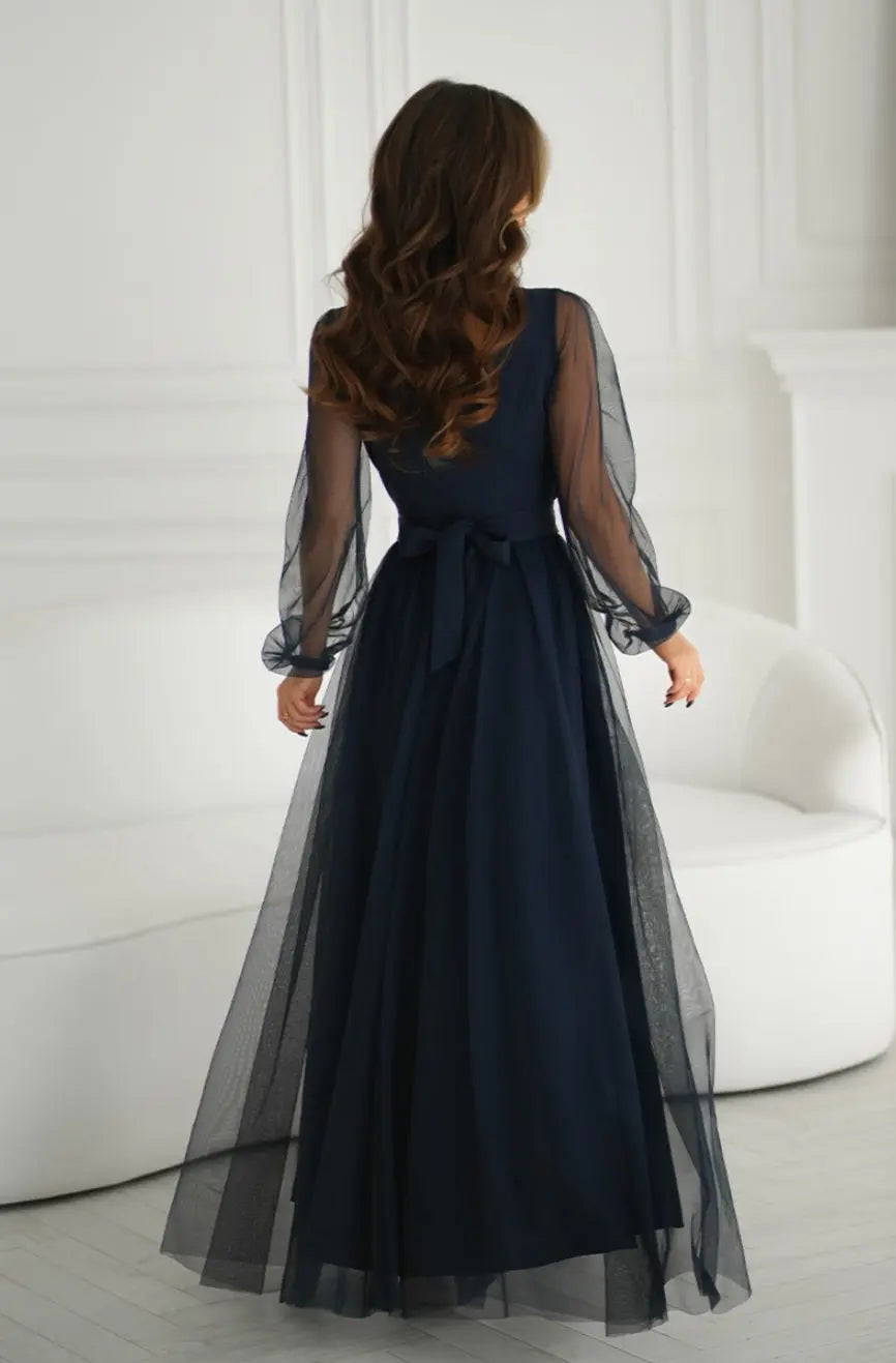 Robe longue manches transparentes bleu marine Bicotone