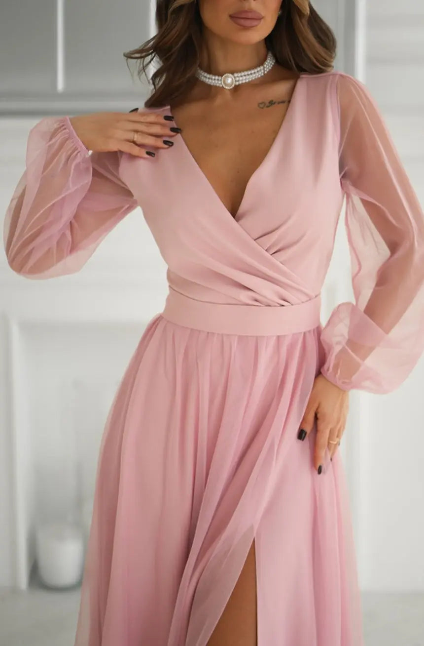 Robe longue manches transparentes rose Bicotone
