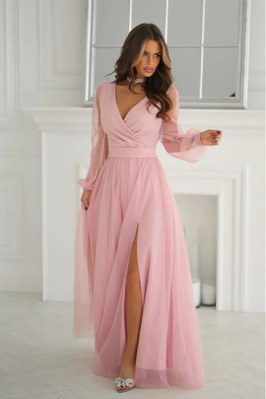 Robe longue manches transparentes rose Bicotone