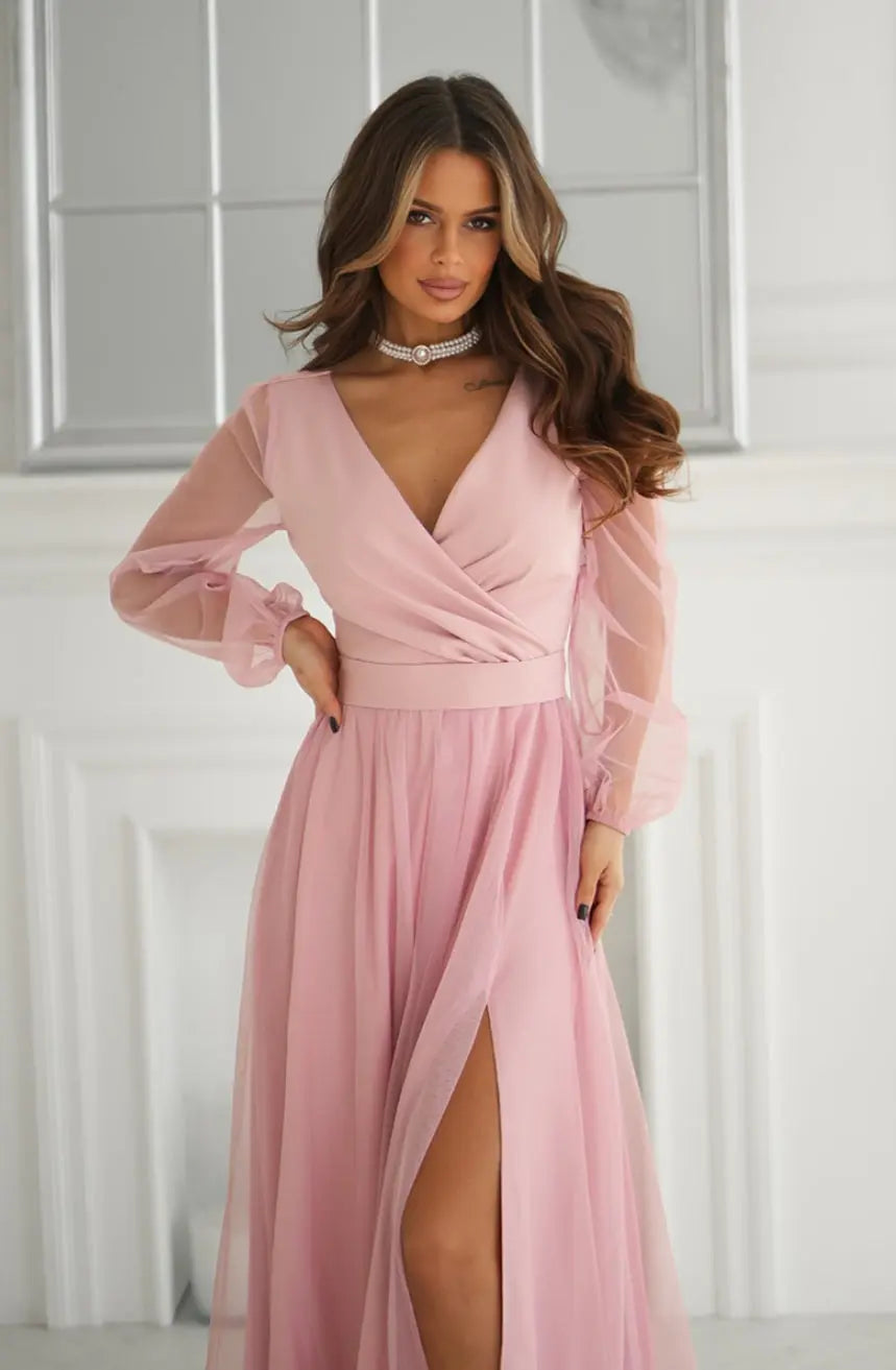 Robe longue manches transparentes rose Bicotone