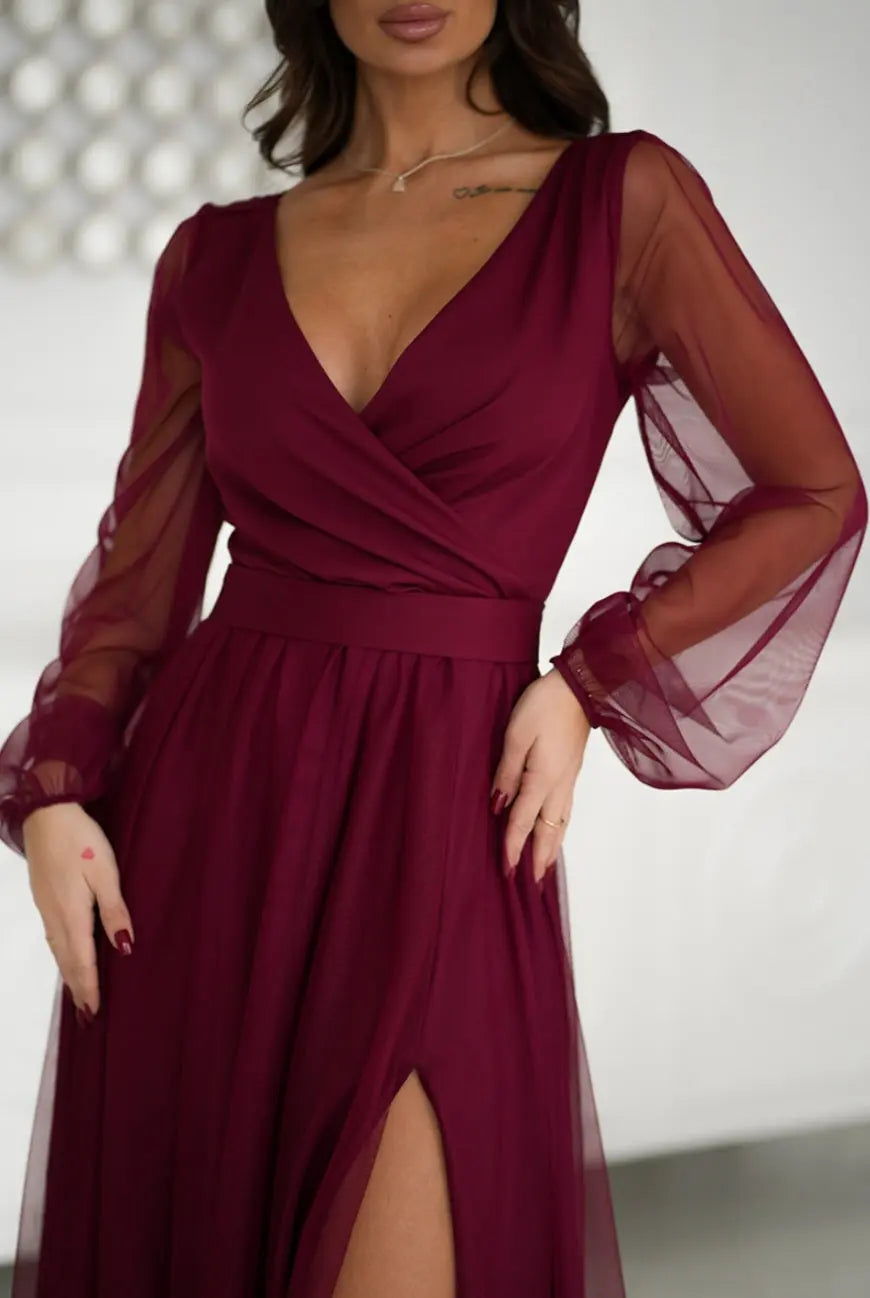 Robe longue manches transparentes bordeaux Bicotone