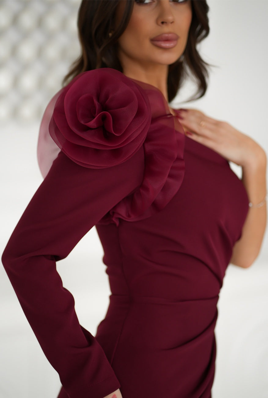 Robe longue fleur épaule bordeaux Bicotone